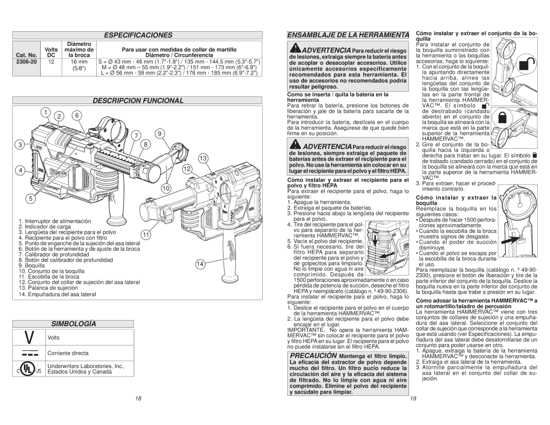 Milwaukee 2306-20 manual Especificaciones, Descripcion Funcional, Simbología, Ensamblaje DE LA Herramienta 