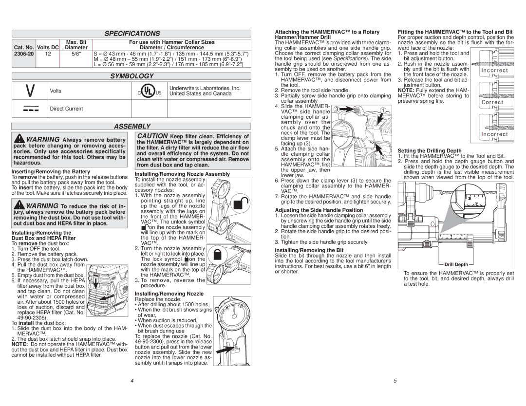 Milwaukee 2306-20 manual Specifications, Symbology, Assembly 