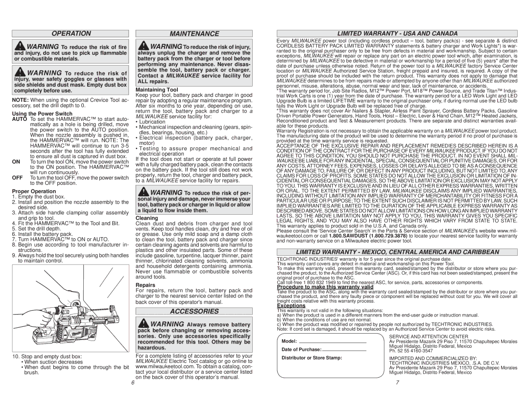 Milwaukee 2306-20 manual Operationmaintenance, Accessories, Limited Warranty USA and Canada 