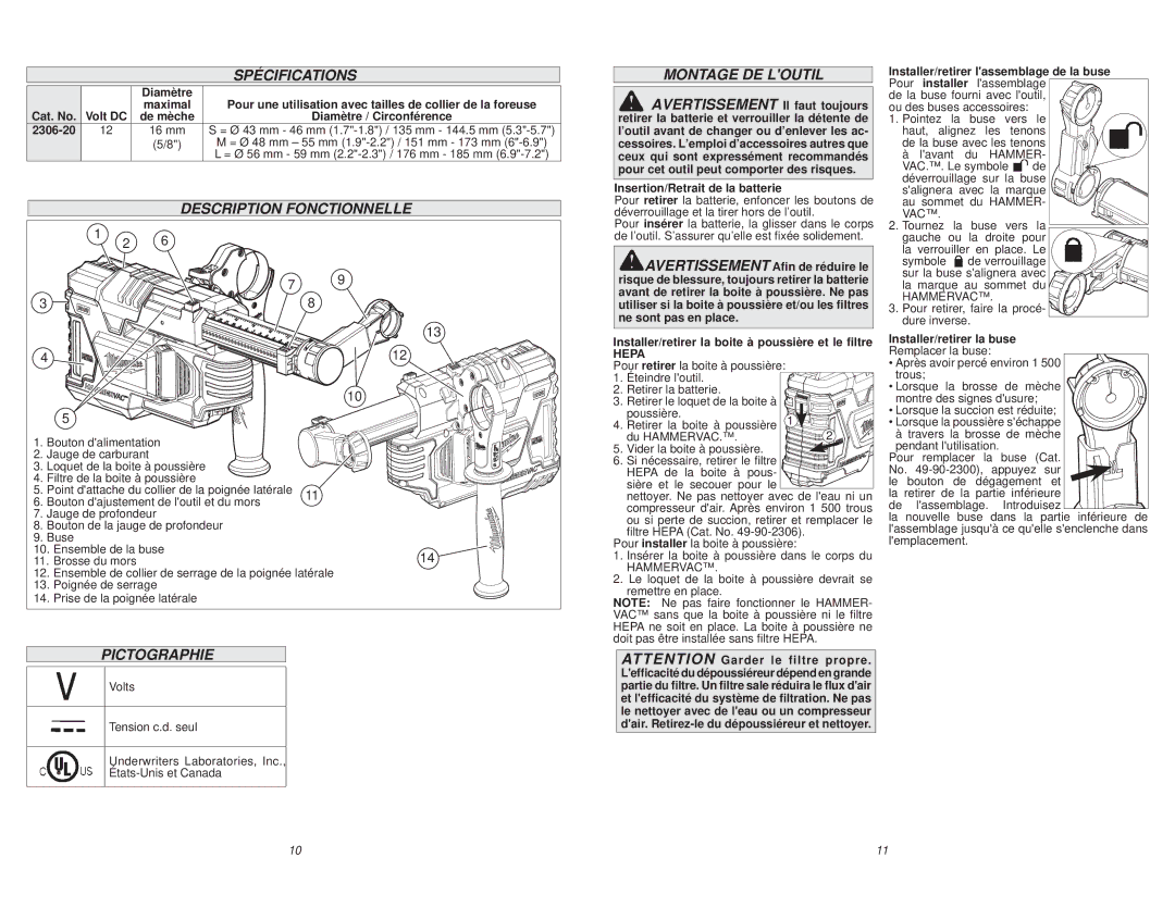 Milwaukee 2306-20 manual Spécifications, Description Fonctionnelle, Pictographie, Montage DE Loutil 