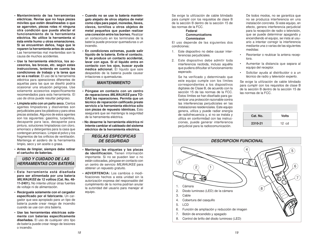 Milwaukee 2310-21P manual Mantenimiento, Reglas Especificas, USO Y Cuidado DE LAS Herramientas CON Batería DE Seguridad 