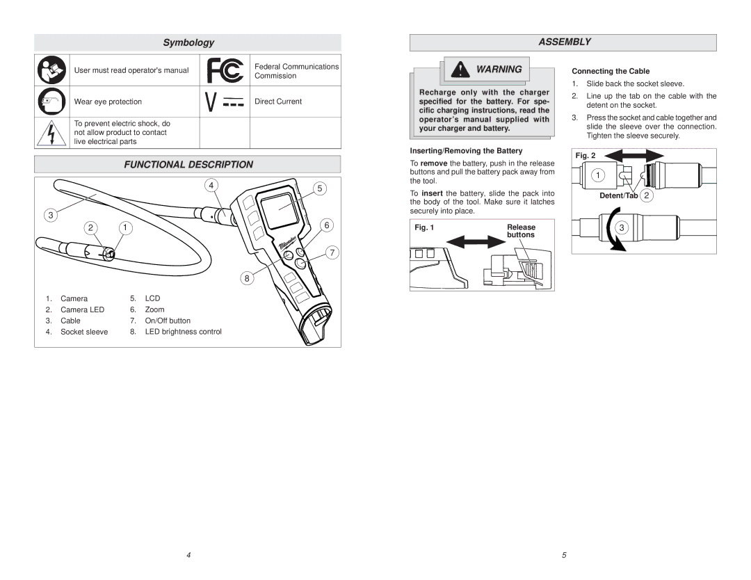 Milwaukee 2310-21P manual Symbology, Assembly, Functional Description, Inserting/Removing the Battery, Detent/Tab 