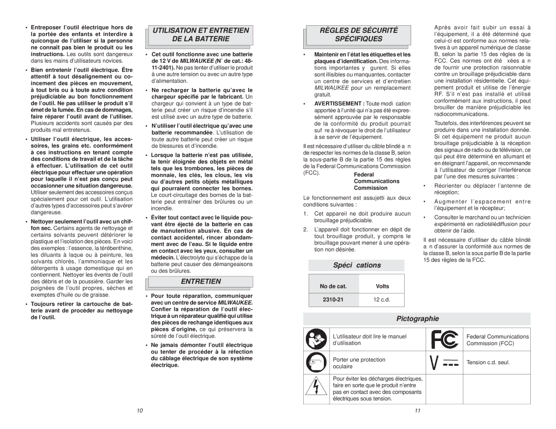 Milwaukee 2310-21P Utilisation ET Entretien DE LA Batterie, Règles DE Sécurité Spécifiques, Spéciﬁcations, Pictographie 