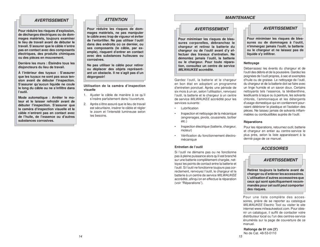 Milwaukee 2310-21P manual Avertissement Maintenance, Accesoires Avertissement, Réparations, Entretien de l’outil 