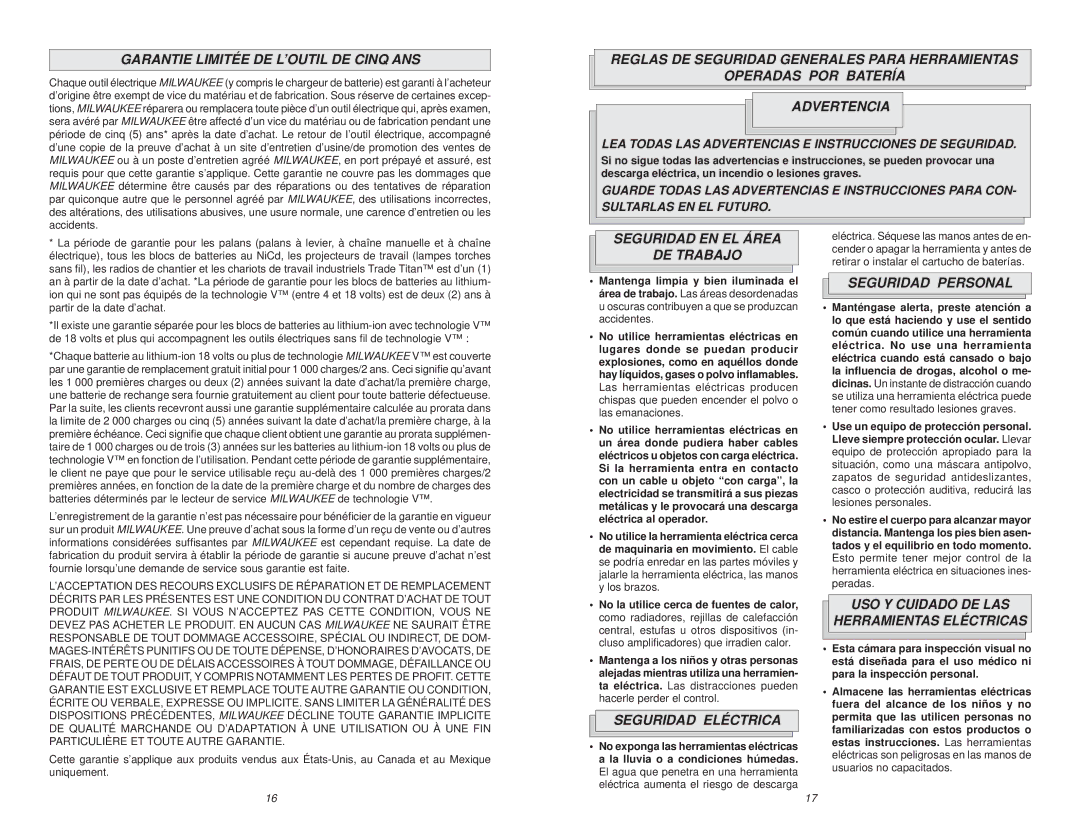 Milwaukee 2310-21P manual Garantie Limitée DE L’OUTIL DE Cinq ANS, Seguridad EN EL Área DE Trabajo, Seguridad Eléctrica 