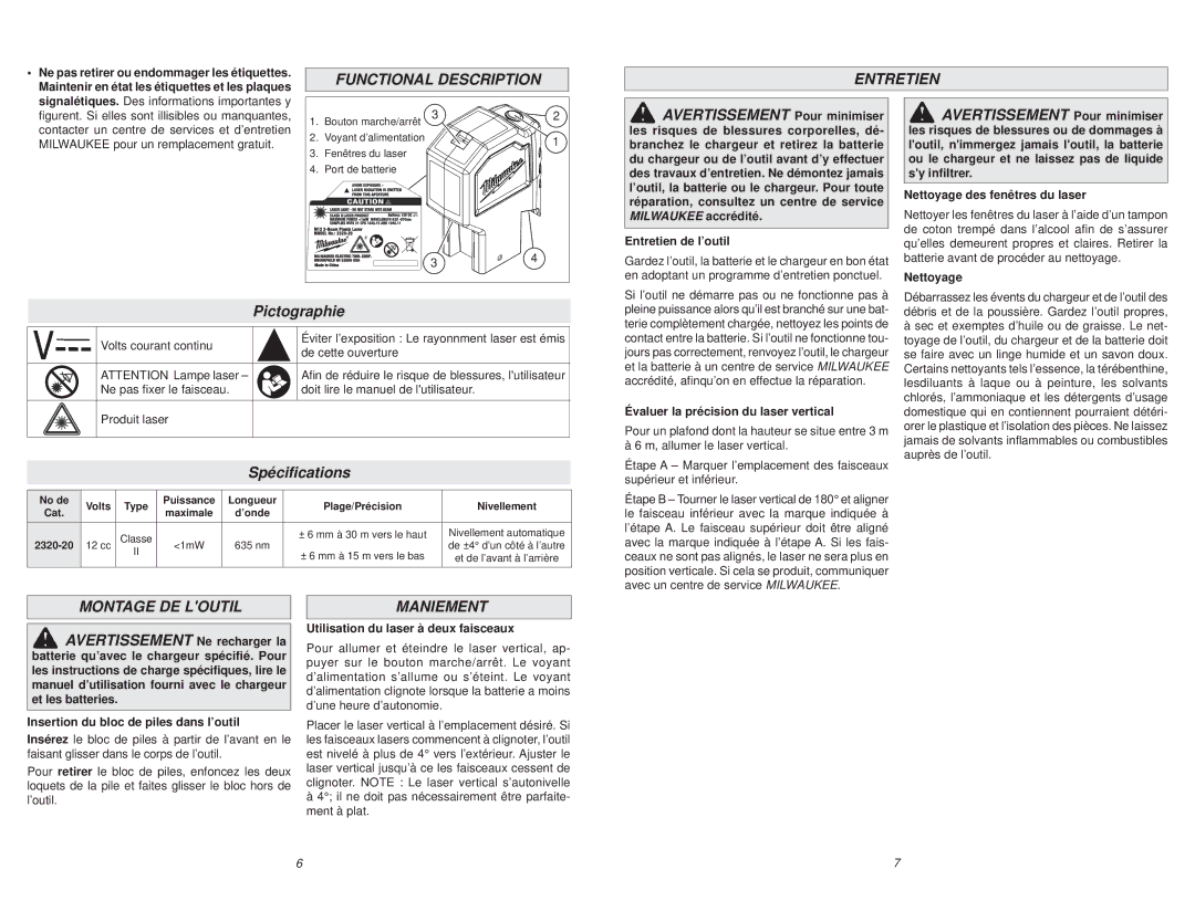 Milwaukee 2320-20 manual Functional Description Entretien, Pictographie, Spéciﬁcations, Montage DE Loutil, Maniement 