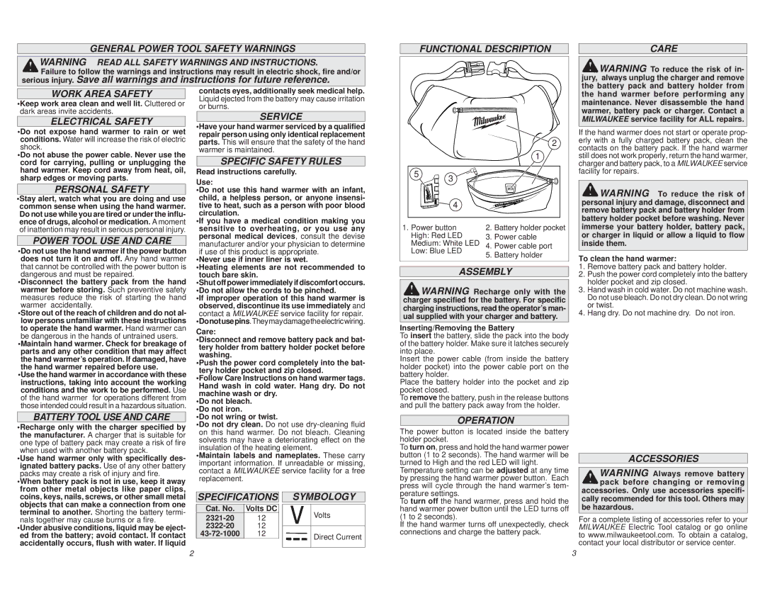 Milwaukee 2322-20 General Power Tool Safety Warnings, Functional Description Care Work Area Safety, Electrical Safety 