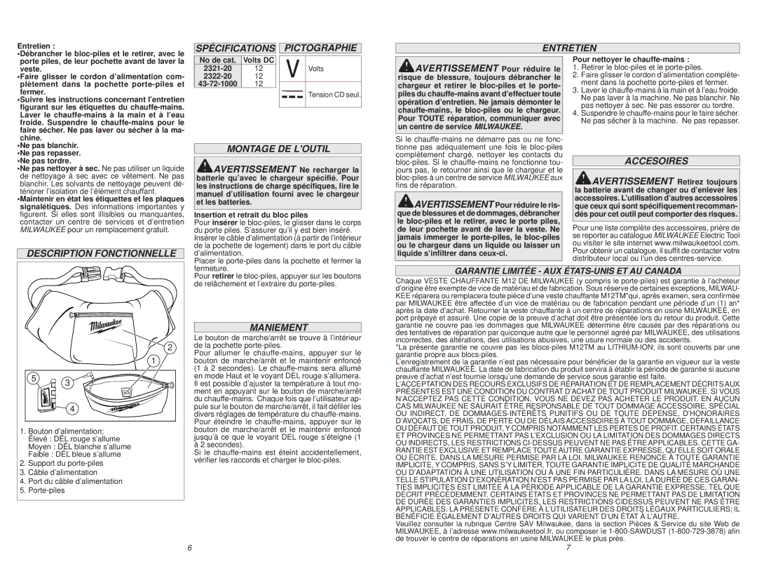 Milwaukee 2322-20 manual Spécifications Pictographie, Description Fonctionnelle, Montage DE Loutil, Accesoires, Maniement 