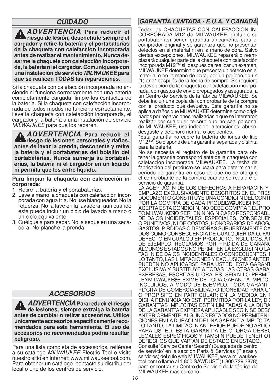 Milwaukee 2332-M Cuidado, Accesorios, Garantía Limitada E.U.A. Y Canadá, Que se realicen Todas las reparaciones, Peligroso 