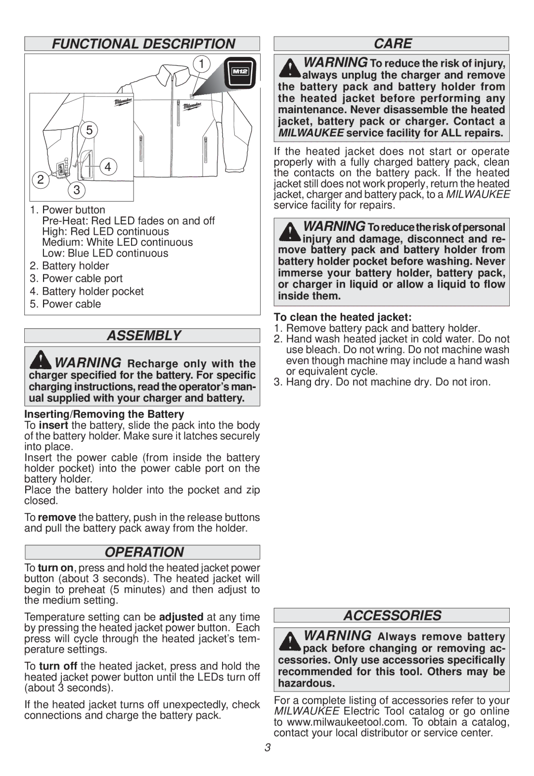 Milwaukee 2332-M manual Functional Description, Assembly, Operation, Care, Accessories 