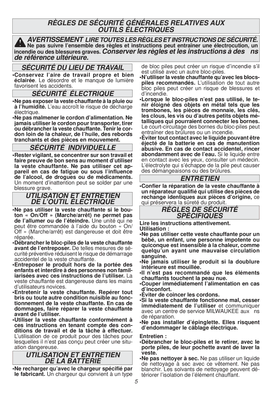 Milwaukee 2332-M manual Sécurité DU Lieu DE Travail, Sécurité Électrique, Sécurité Individuelle, Entretien 