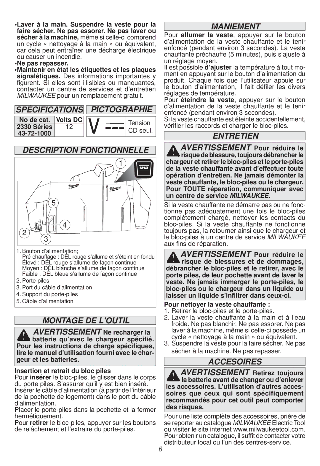 Milwaukee 2332-M manual Spécifications Pictographie, Description Fonctionnelle, Montage DE Loutil, Maniement, Accesoires 