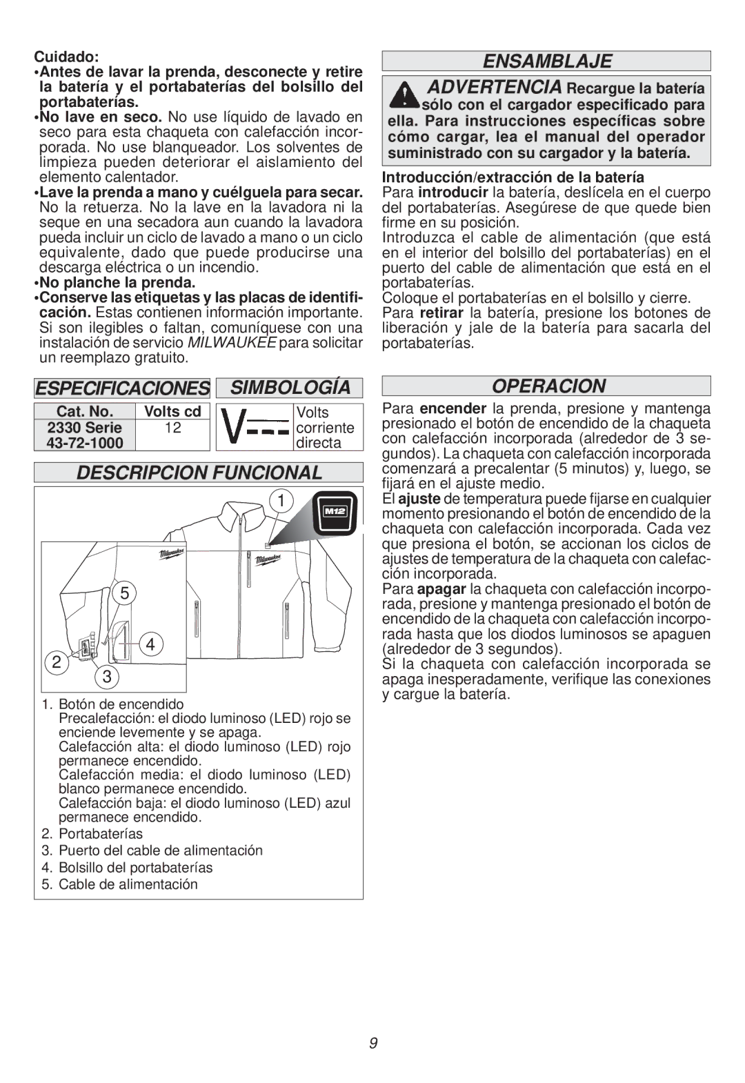 Milwaukee 2332-M manual Ensamblaje, Especificaciones Simbología, Descripcion Funcional, Operacion 