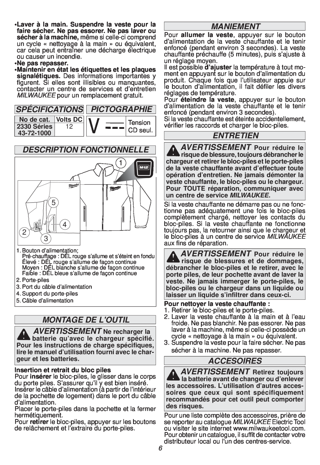 Milwaukee 2332-M manual Spécificationspictographie, Description Fonctionnelle, Montage De Loutil, Maniement, Accesoires 