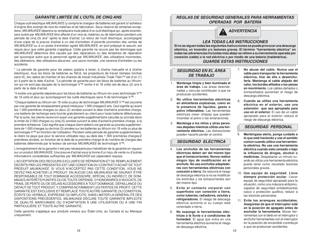 Milwaukee 2401-20 Garantie Limitée DE L’OUTIL DE Cinq ANS, Guarde Estas Instrucciones, Seguridad EN EL Área DE Trabajo 