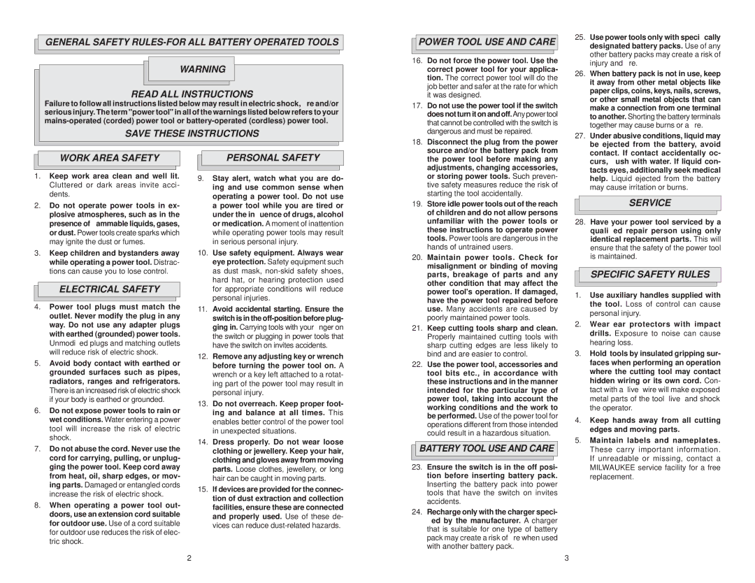 Milwaukee 2401-20 Power Tool USE and Care, Work Area Safety, Electrical Safety, Personal Safety, Battery Tool USE and Care 