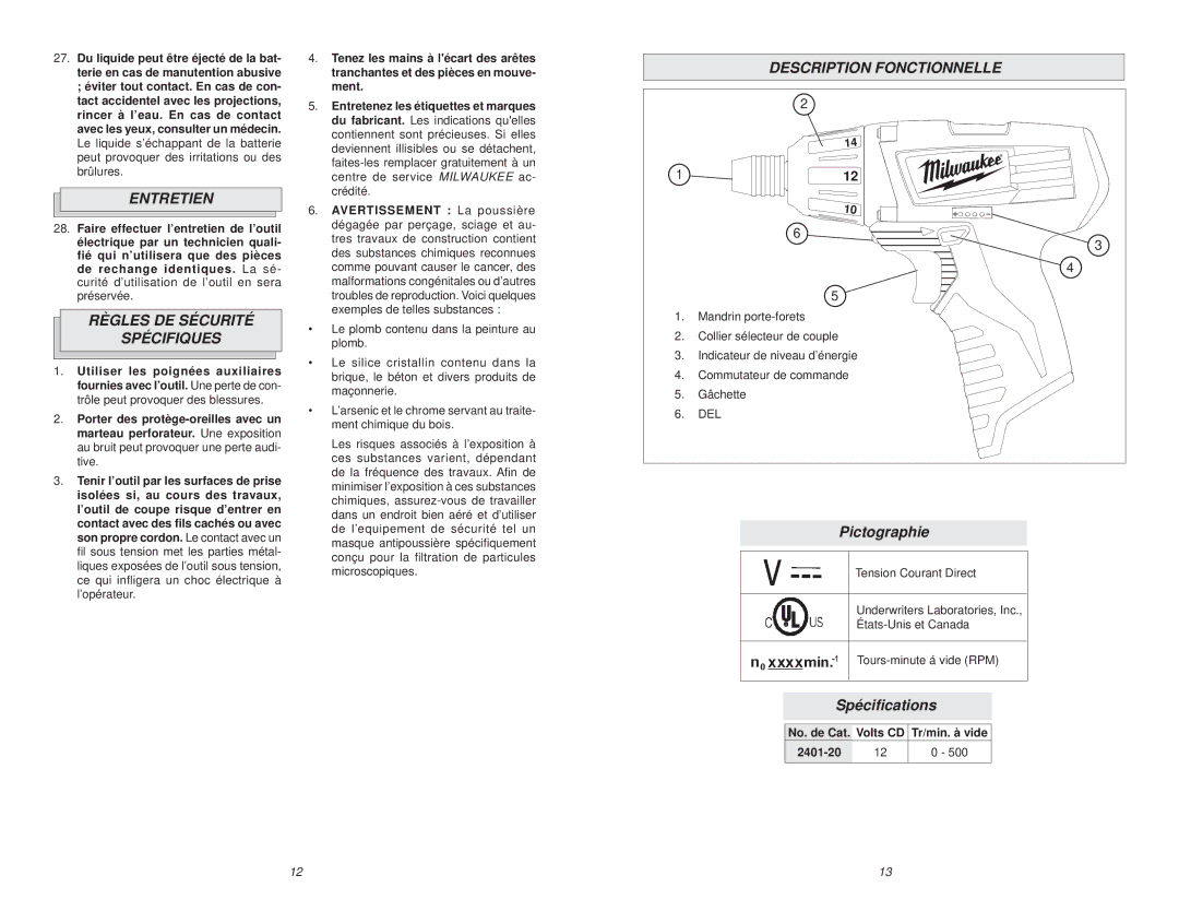 Milwaukee 2401-20 manual Entretien, Règles DE Sécurité Spécifiques, Description Fonctionnelle, Pictographie, Spéciﬁcations 