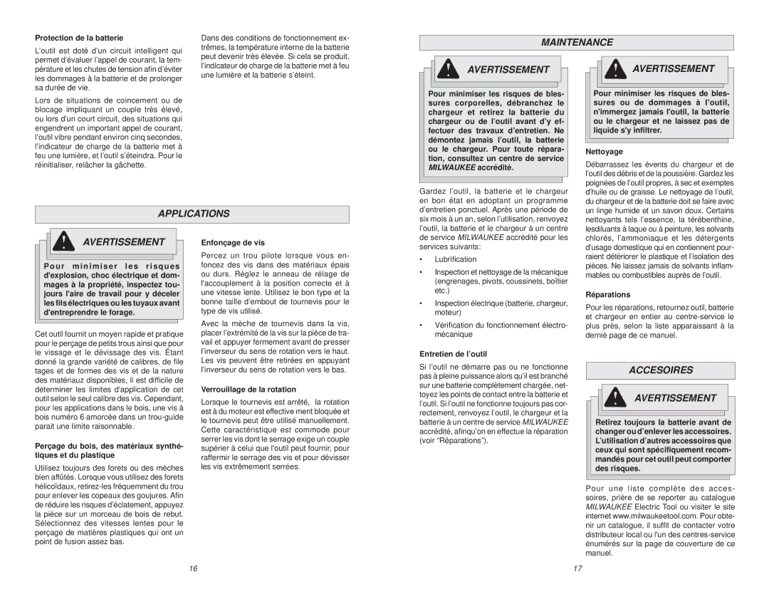 Milwaukee 2401-20 manual Maintenance, Accesoires Avertissement 