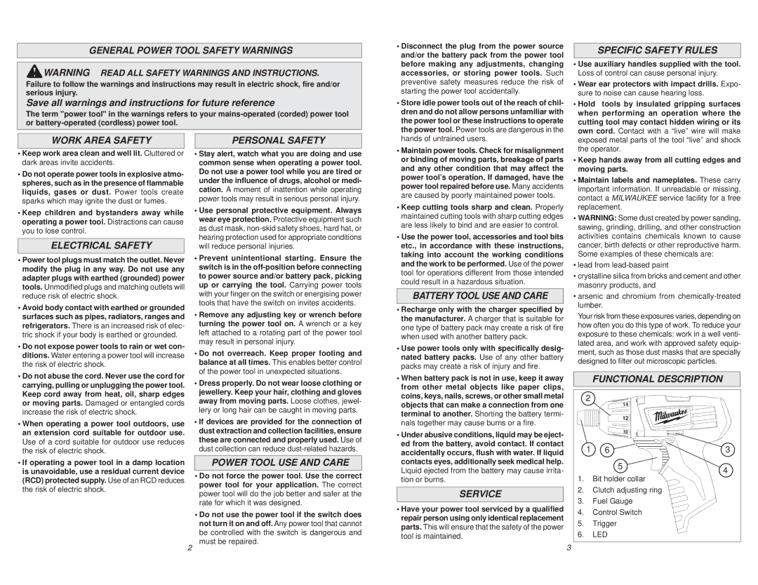 Milwaukee 2401-22 General Power Tool Safety Warnings, Work Area Safety Personal Safety, Specific Safety Rules, Service 