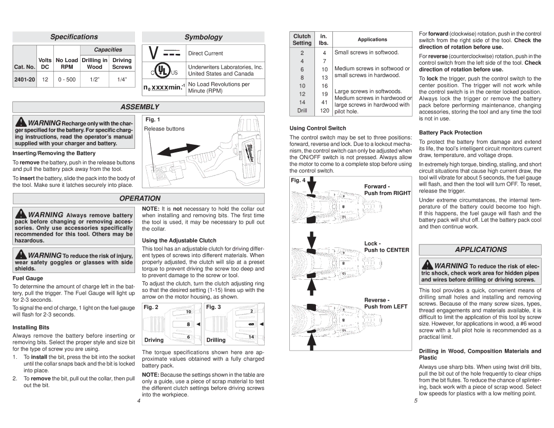 Milwaukee 2401-22 manual SpeciﬁcationsSymbology, Assembly, Operation, Applications 