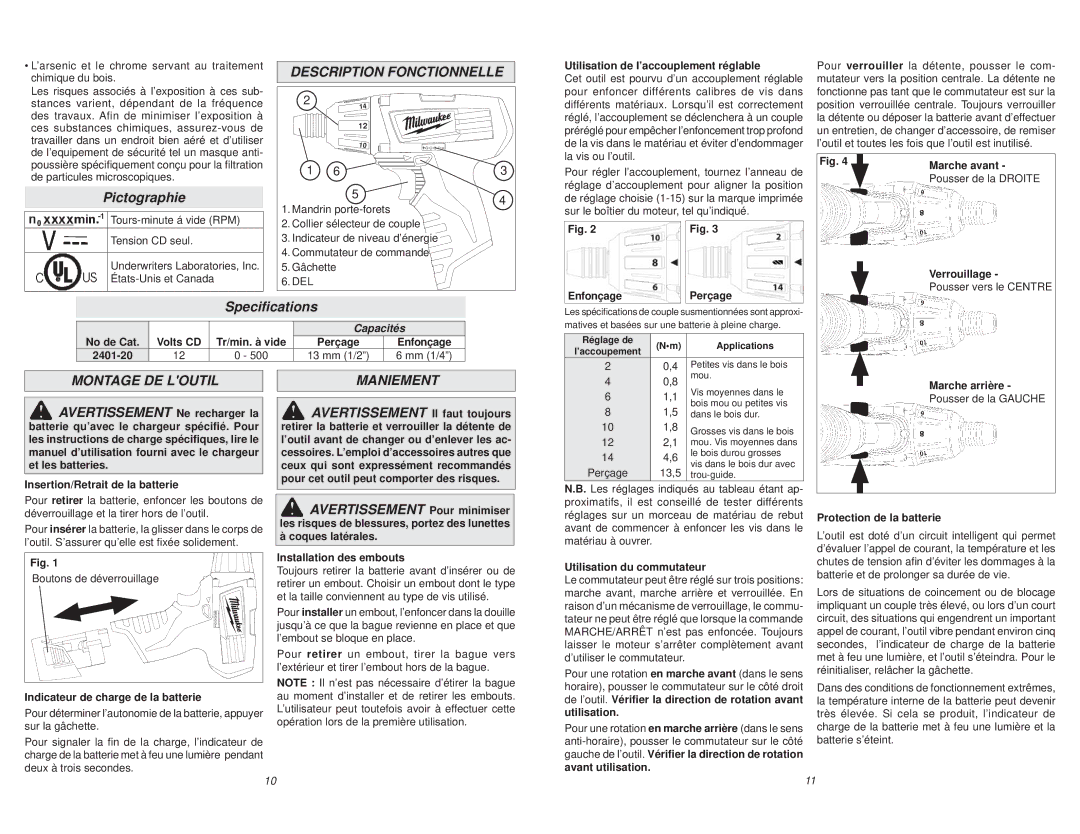 Milwaukee 2401-22 manual Pictographie, Description Fonctionnelle, Speciﬁcations, Montage DE Loutil Maniement 