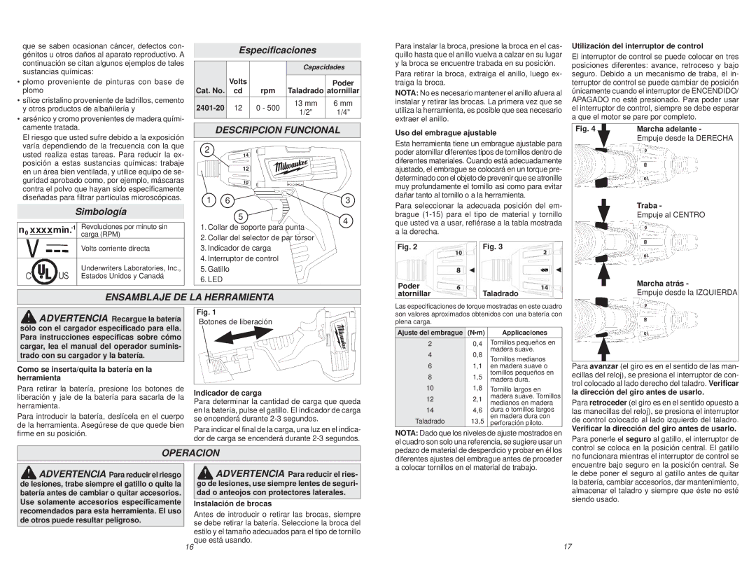 Milwaukee 2401-22 manual Simbología, Especiﬁcaciones, Descripcion Funcional, Ensamblaje DE LA Herramienta, Operacion 