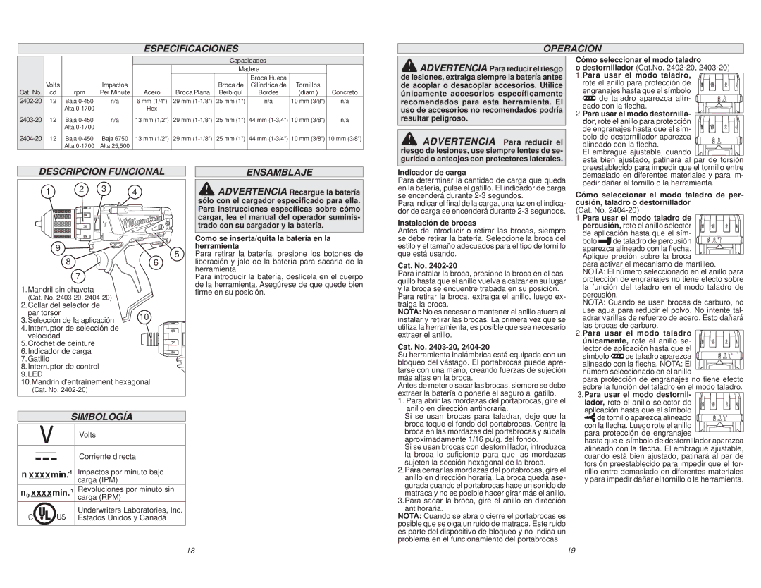 Milwaukee 2402-20, 2404-20, 2403-20 manual Especificaciones Operacion, Descripcion Funcional, Simbología, Ensamblaje 