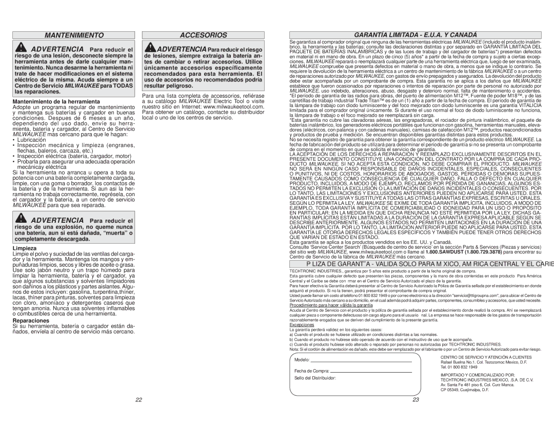 Milwaukee 2404-20, 2402-20 Accesorios, Garantía Limitada E.U.A. Y Canadá, Mantenimiento de la herramienta, Reparaciones 