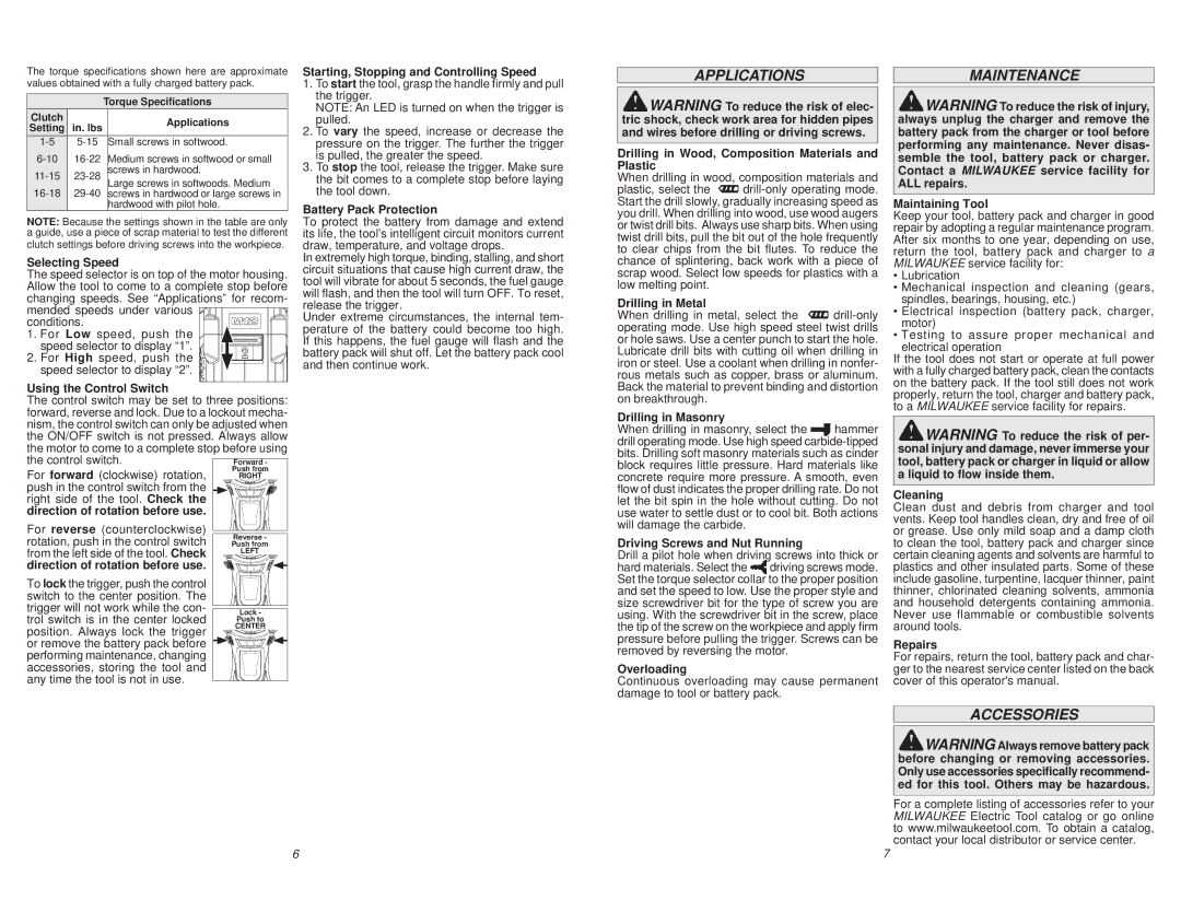 Milwaukee 2402-20, 2404-20, 2403-20 manual Applications, Maintenance, Accessories 