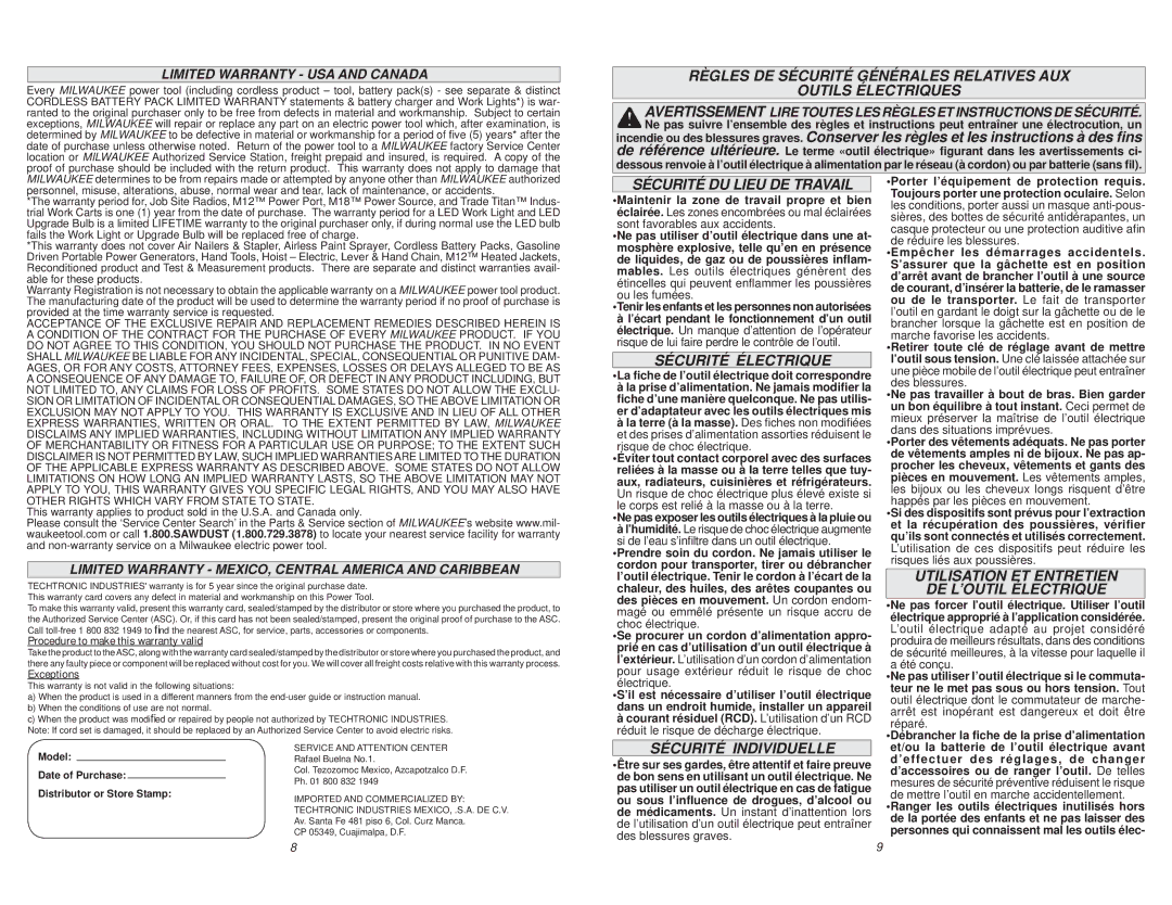 Milwaukee 2403-20 manual Sécurité DU Lieu DE Travail, Sécurité Électrique, Utilisation ET Entretien DE L’OUTIL Électrique 