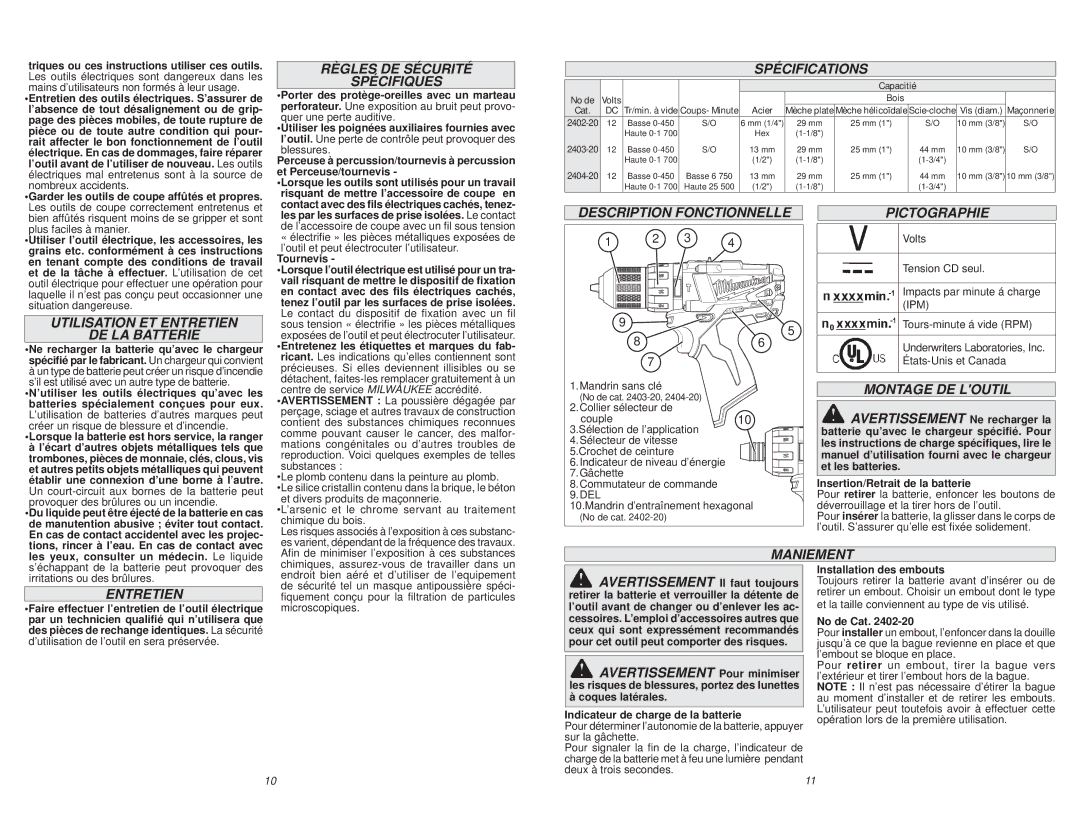 Milwaukee 2404-20 Règles DE Sécurité Spécifiques, Spécifications, Utilisation ET Entretien DE LA Batterie, Pictographie 