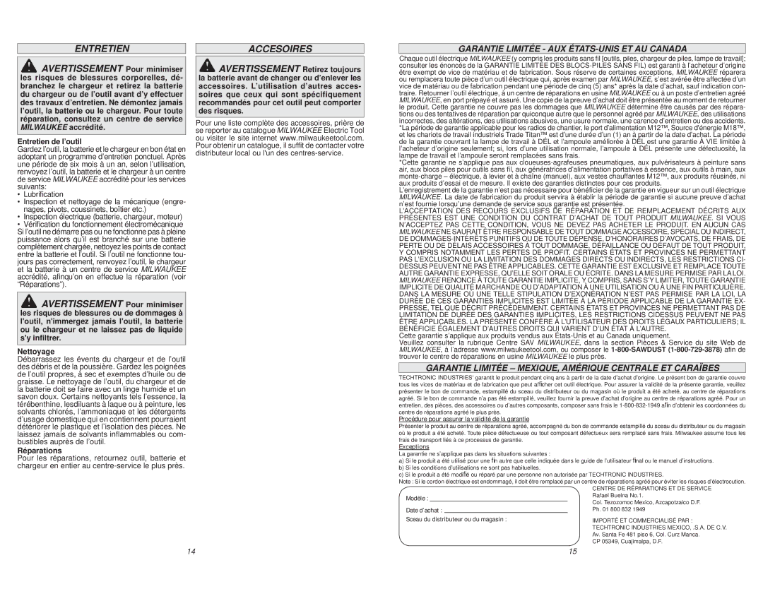 Milwaukee 2403-20, 2404-20 Accesoires, Garantie Limitée AUX ÉTATS-UNIS ET AU Canada, Entretien de l’outil, Réparations 