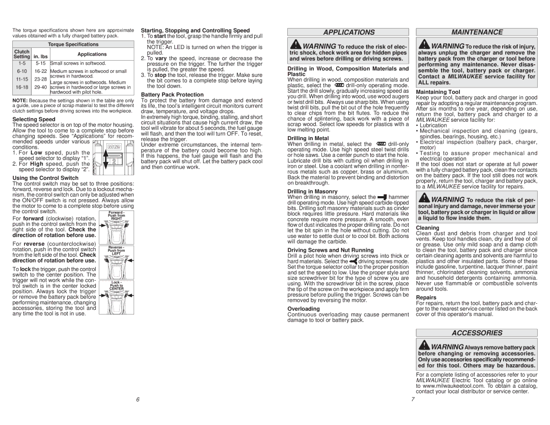Milwaukee 2402-20, 2404-20, 2403-20 manual Applications, Maintenance, Accessories 
