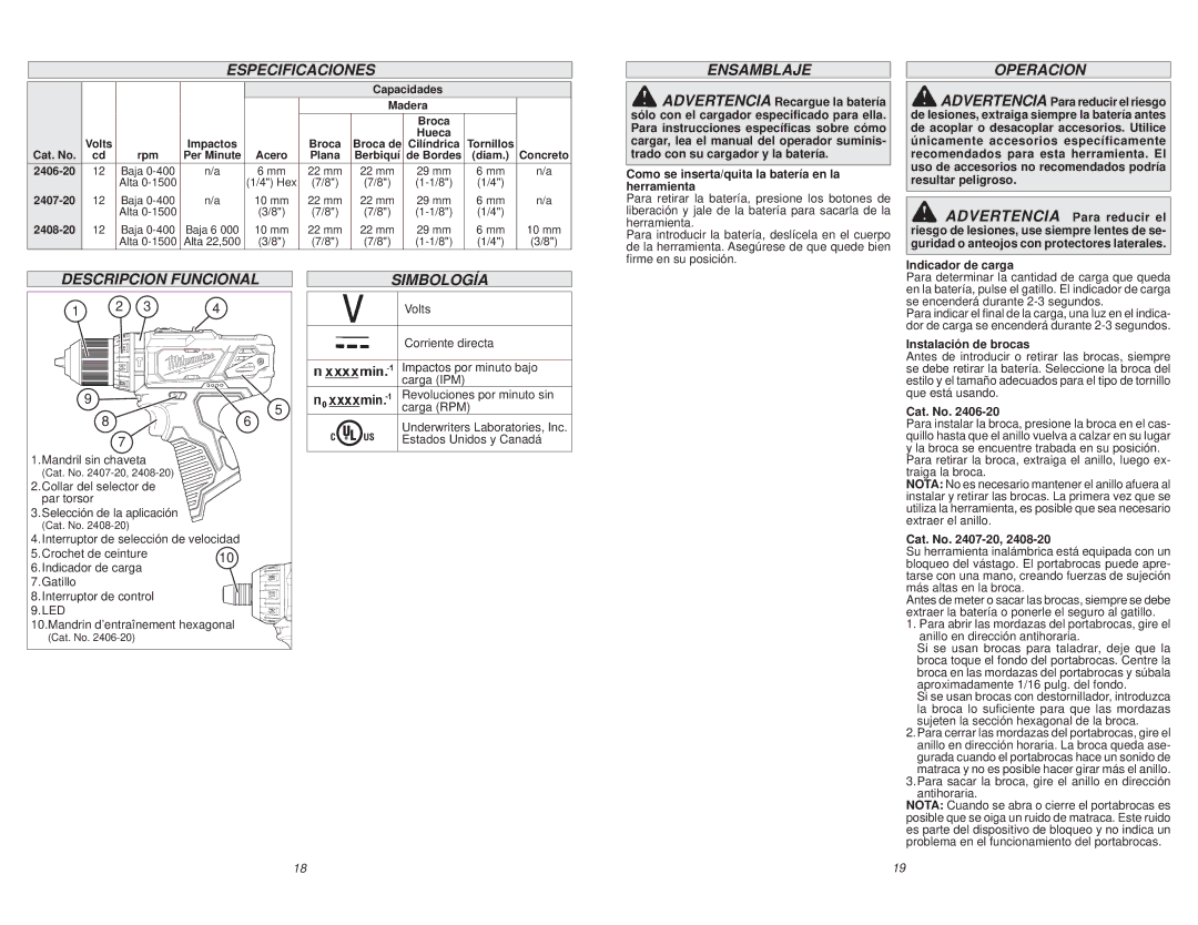 Milwaukee 2406-20 manual Especificaciones, Ensamblaje, Operacion, Descripcion Funcional, Simbología 