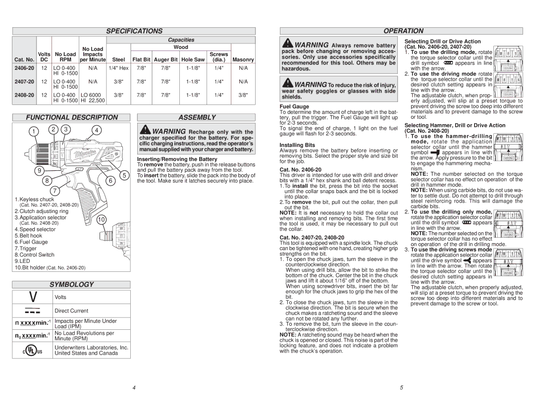 Milwaukee 2406-20 manual Specifications Operation, Functional Description, Assembly, Symbology 