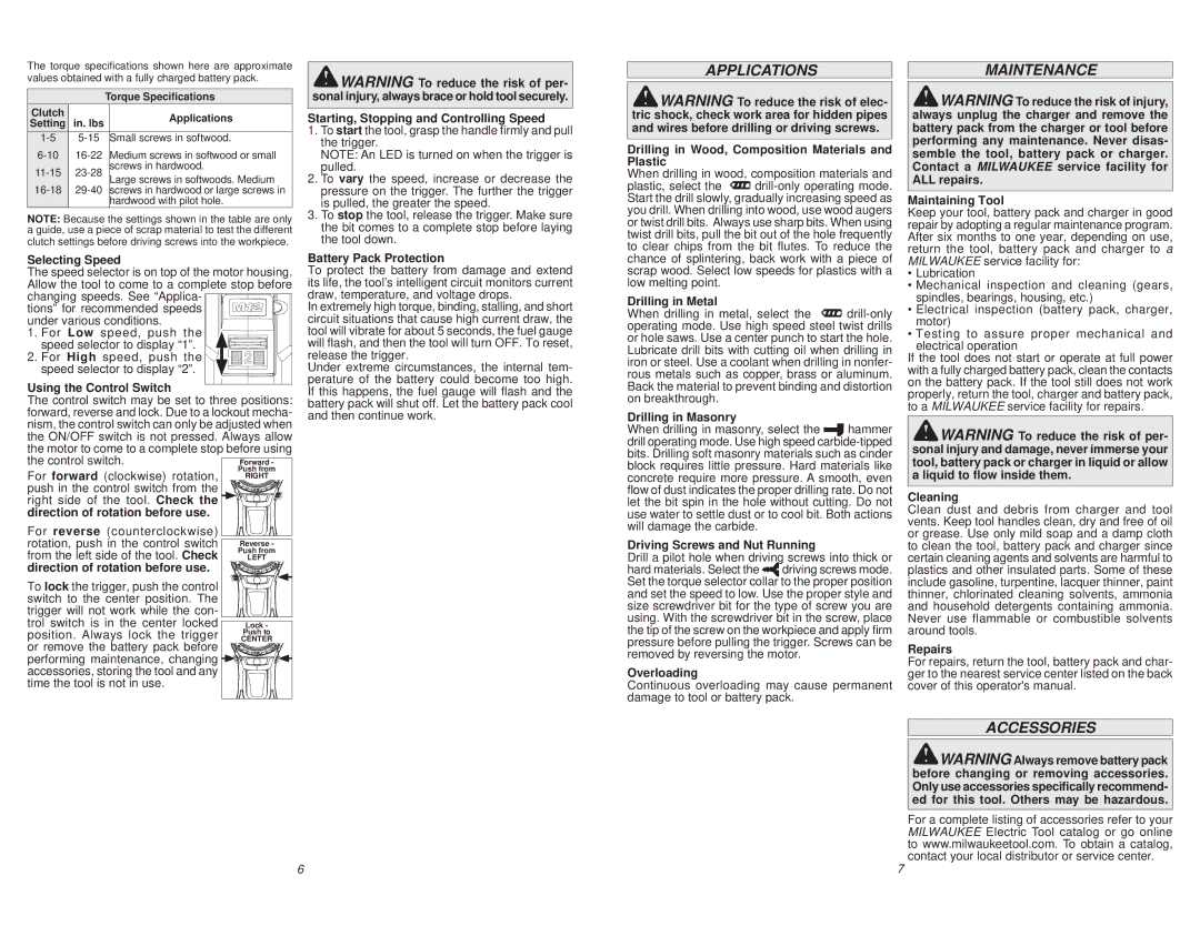 Milwaukee 2406-20 manual Applications, Maintenance, Accessories 