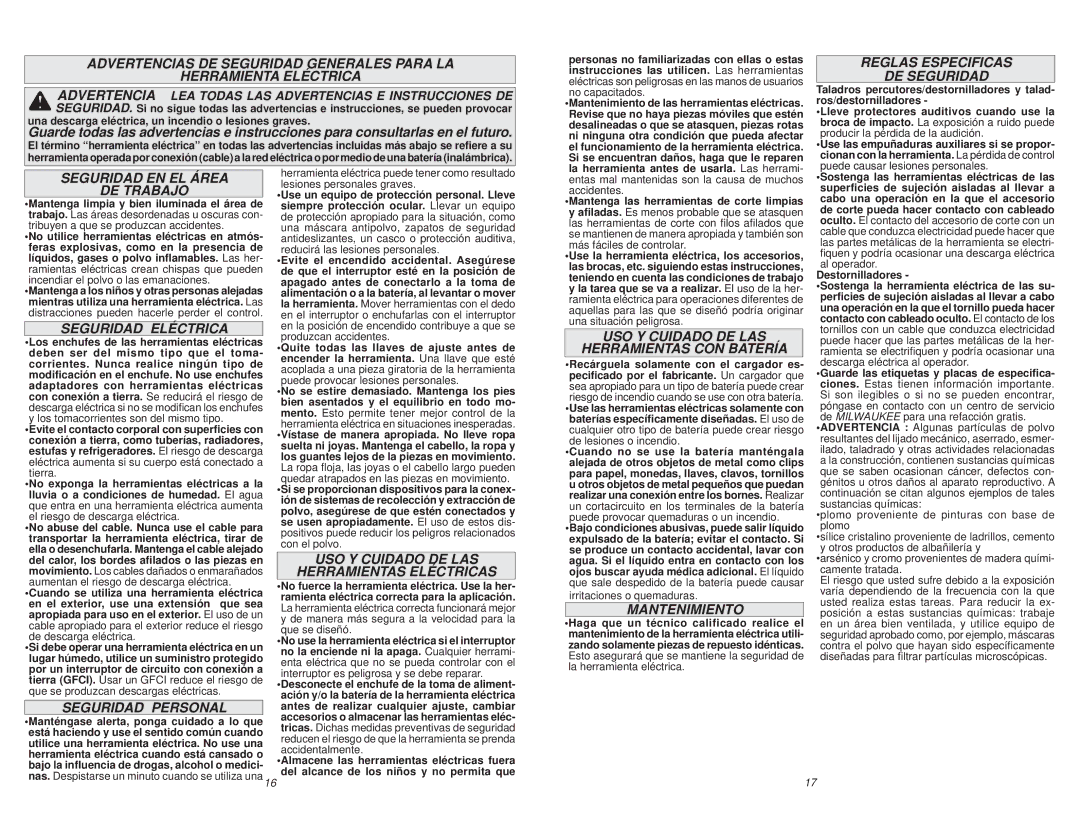 Milwaukee 2406-20 Reglas Especificas DE Seguridad, Seguridad EN EL Área DE Trabajo, Seguridad Eléctrica, Mantenimiento 