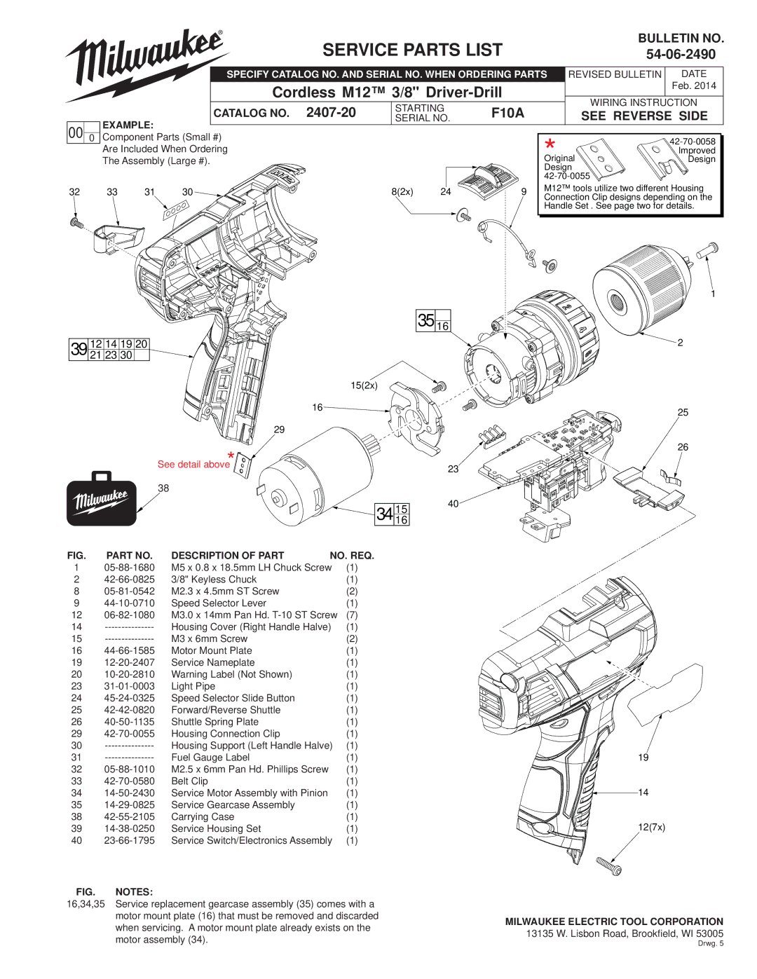 Milwaukee 2407-20 manual Bulletin no, Example, Description of Part NO. REQ 