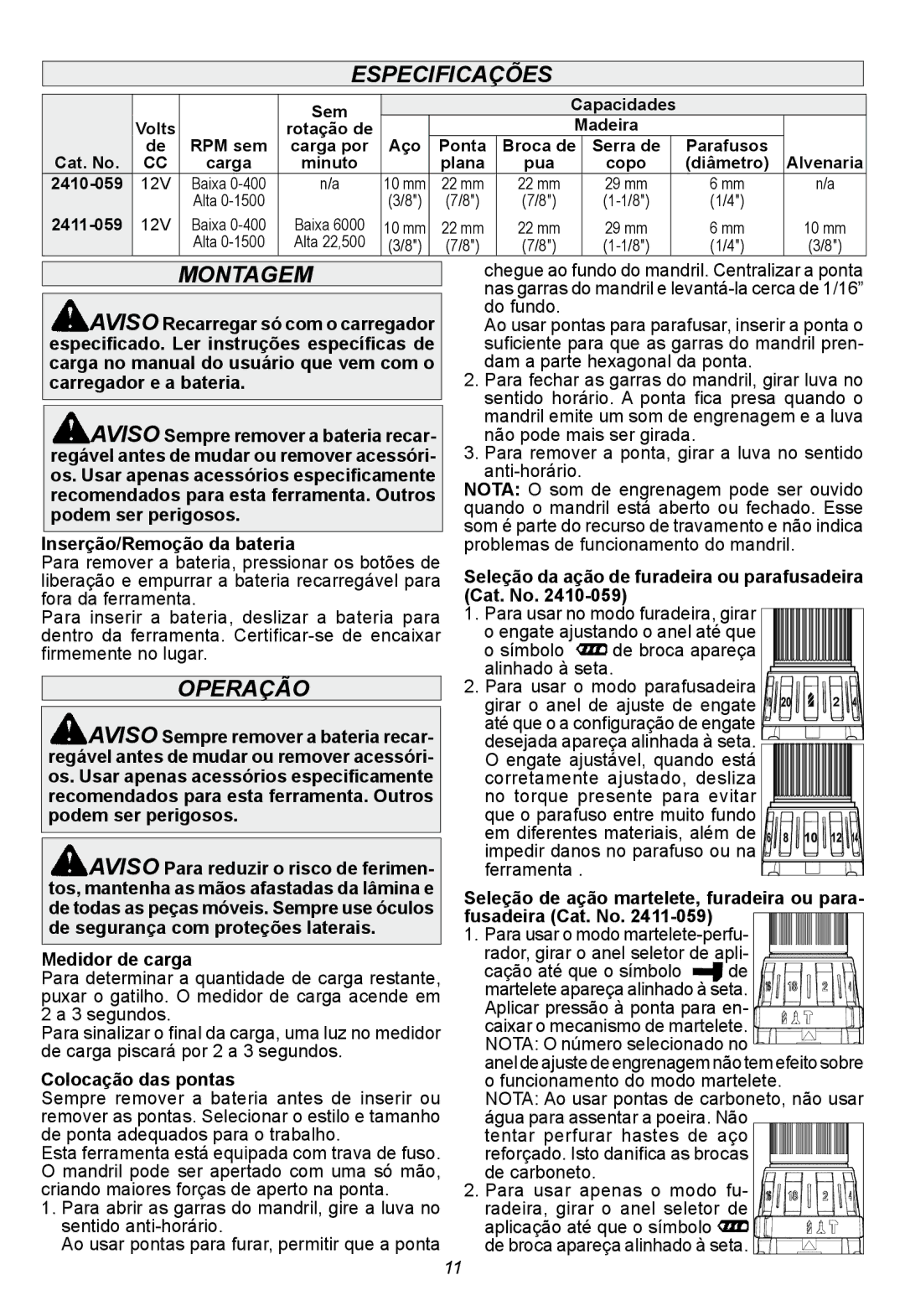 Milwaukee 2411-059, 2410-059 manual Especificações, Montagem, Operação 