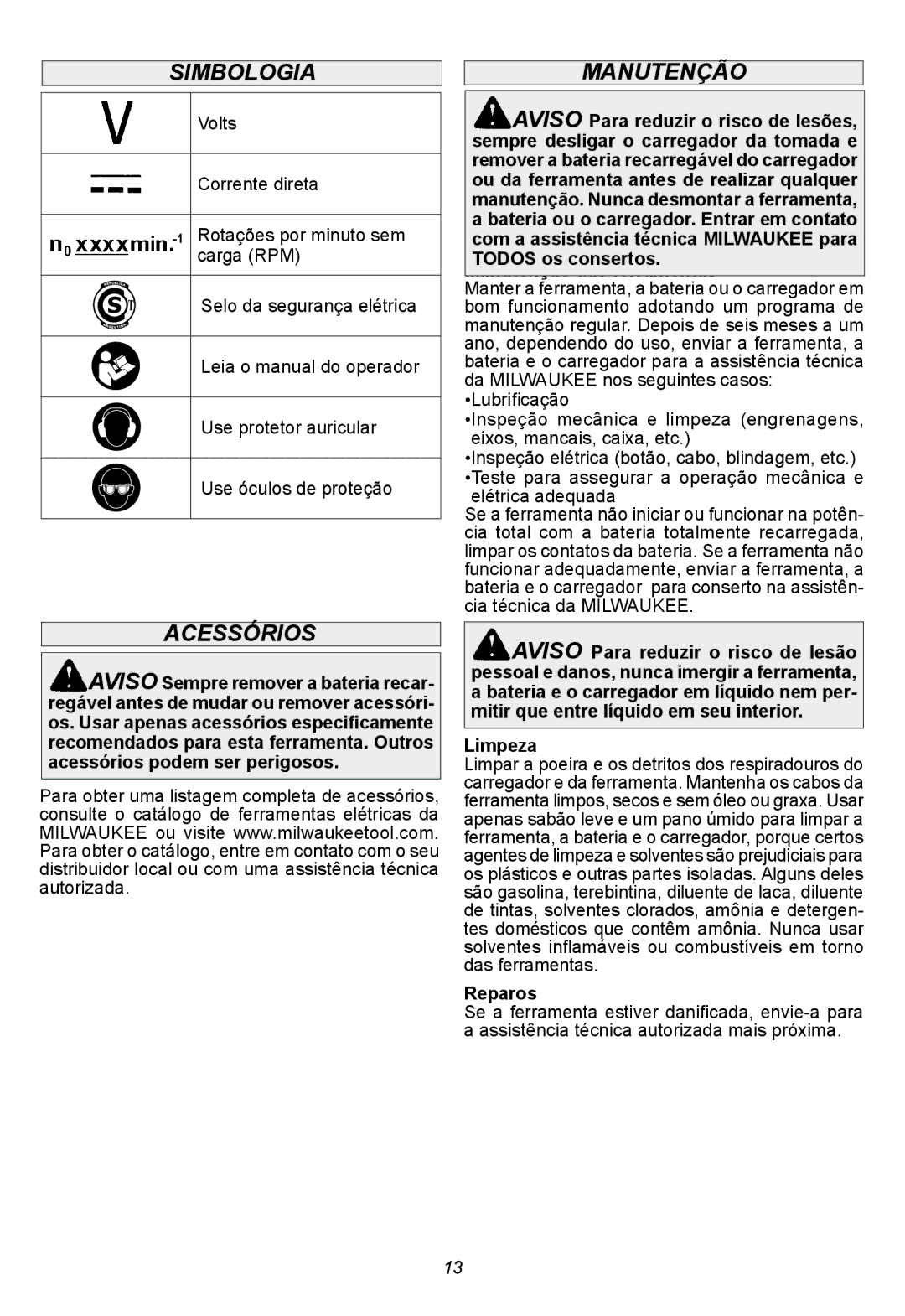 Milwaukee 2411-059, 2410-059 manual Simbologia, Manutenção, Acessórios 