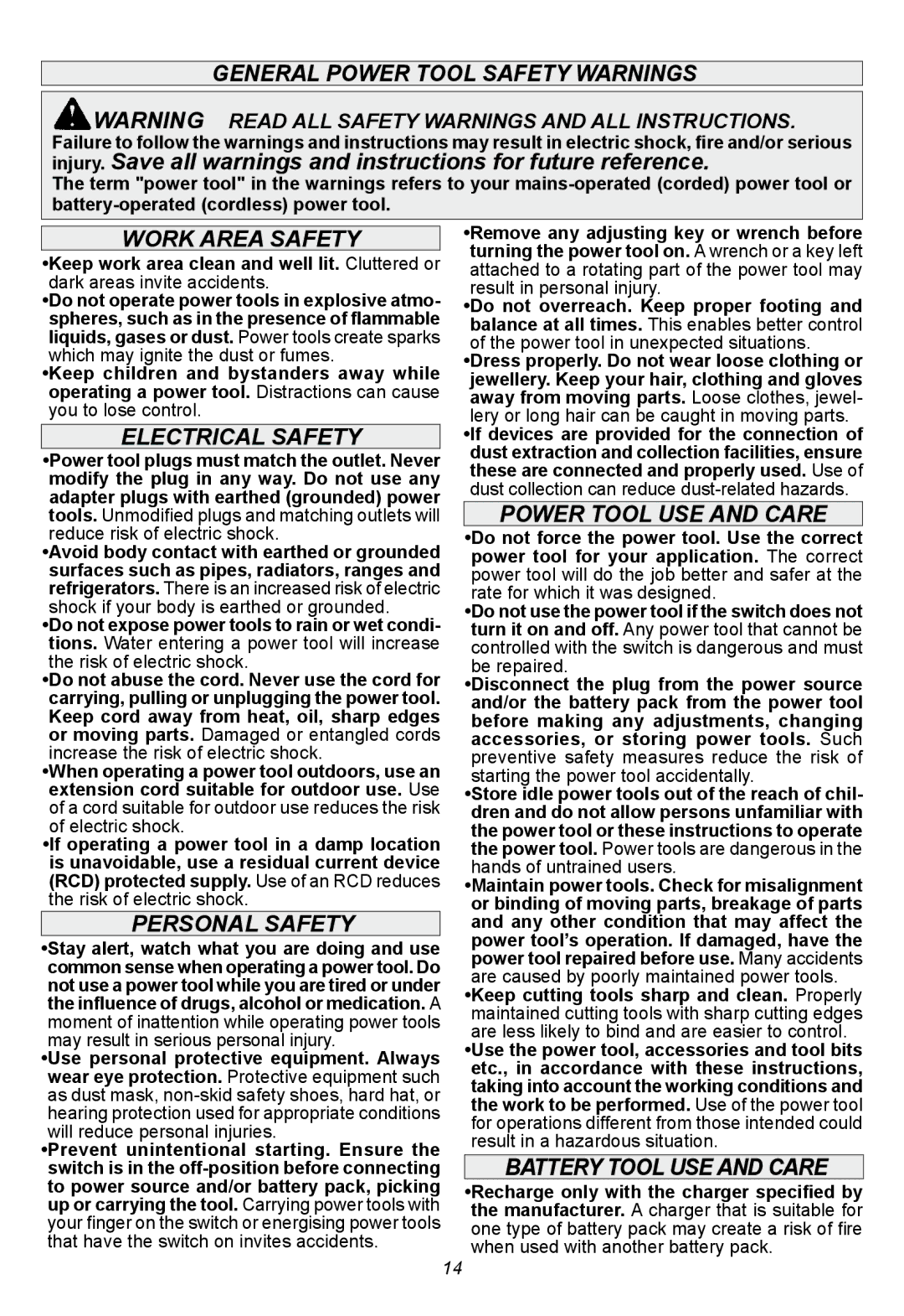 Milwaukee 2410-059, 2411-059 manual General Power Tool Safety Warnings, Work area Safety, Electrical safety, Personal safety 