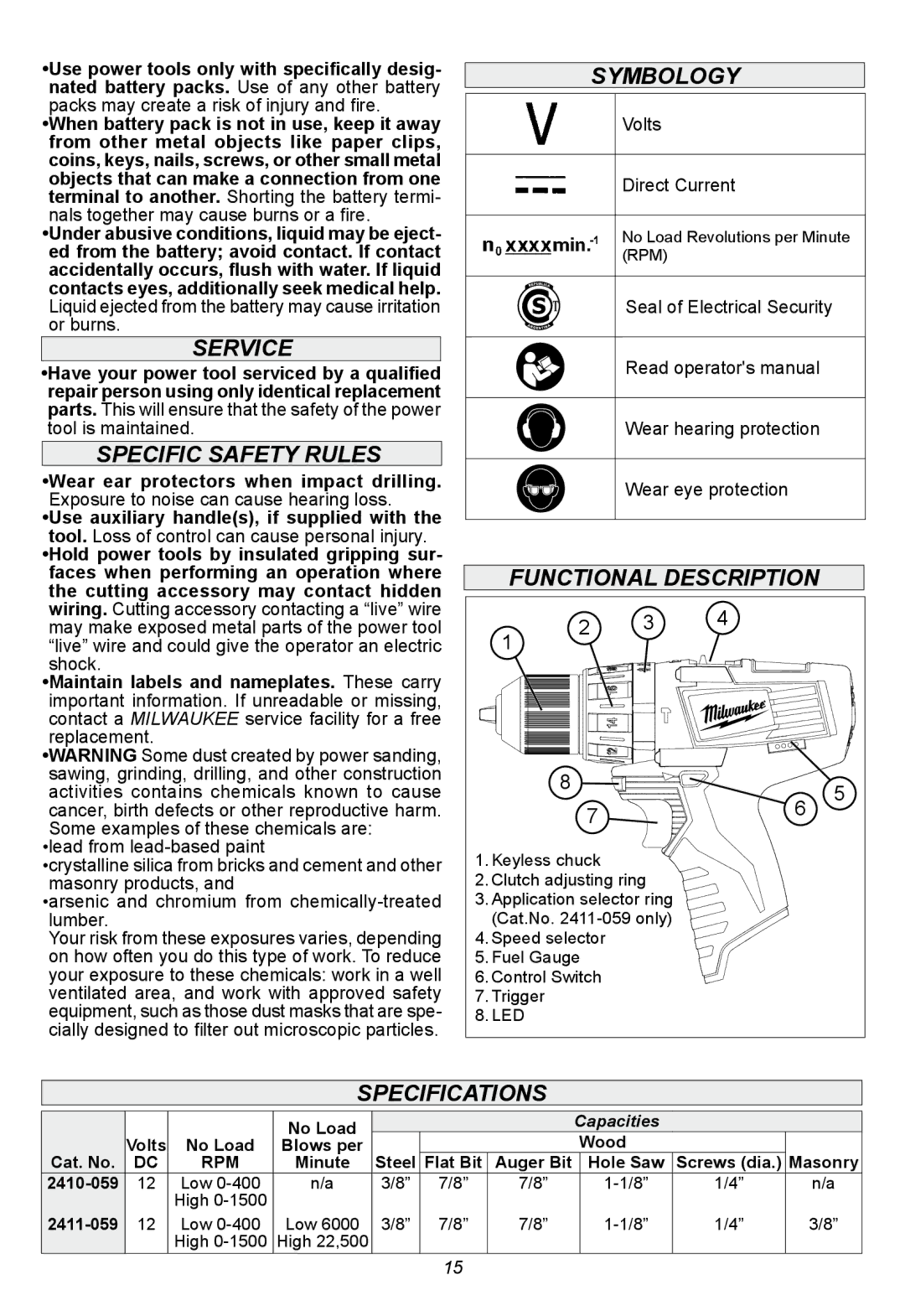 Milwaukee 2411-059, 2410-059 manual Service, Specific Safety Rules, Symbology, Functional Description, Specifications 