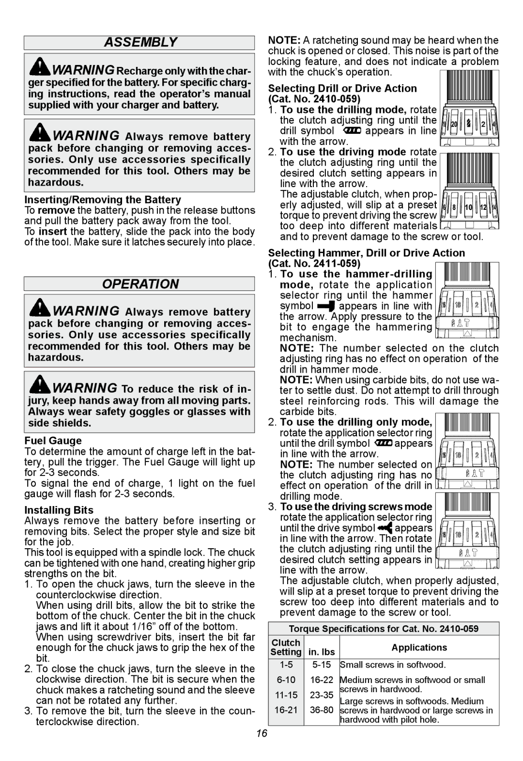 Milwaukee 2410-059, 2411-059 manual Assembly, Operation 