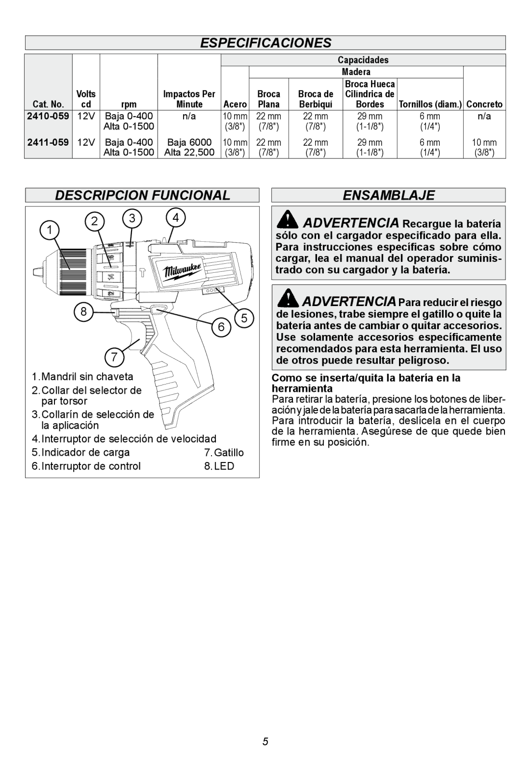 Milwaukee 2411-059 Especificaciones, Descripcion Funcional, EnsambLaje, Como se inserta/quita la batería en la herramienta 