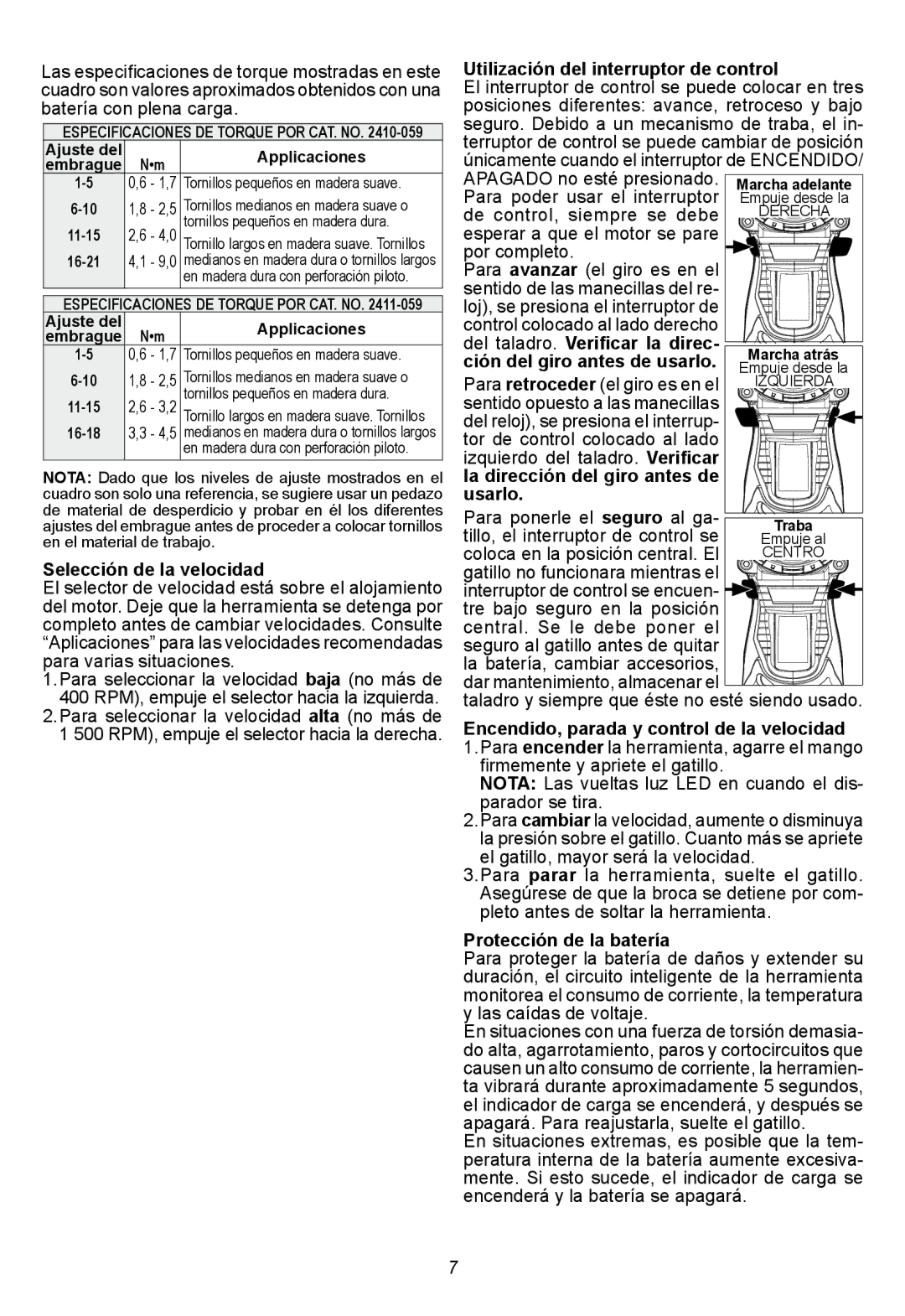 Milwaukee 2411-059 manual Selección de la velocidad, Utilización del interruptor de control, Para poder usar el interruptor 