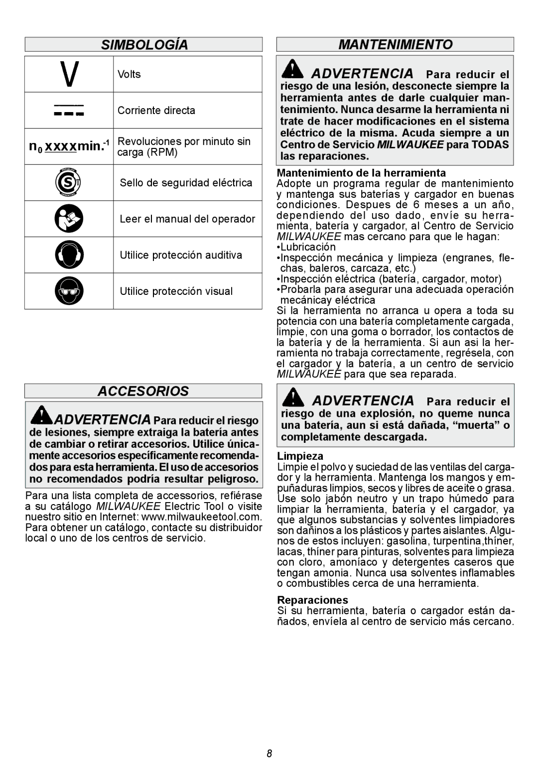 Milwaukee 2410-059, 2411-059 manual Simbología, Accesorios, Mantenimiento de la herramienta, Reparaciones 