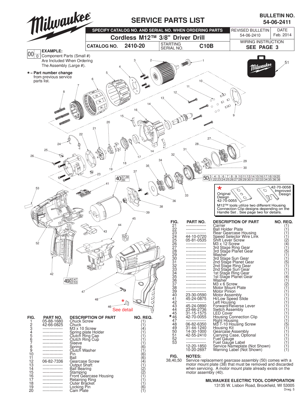 Milwaukee 2410-20 manual Service Parts List, Cordless M12 3/8 Driver Drill, 54-06-2411, C10B 