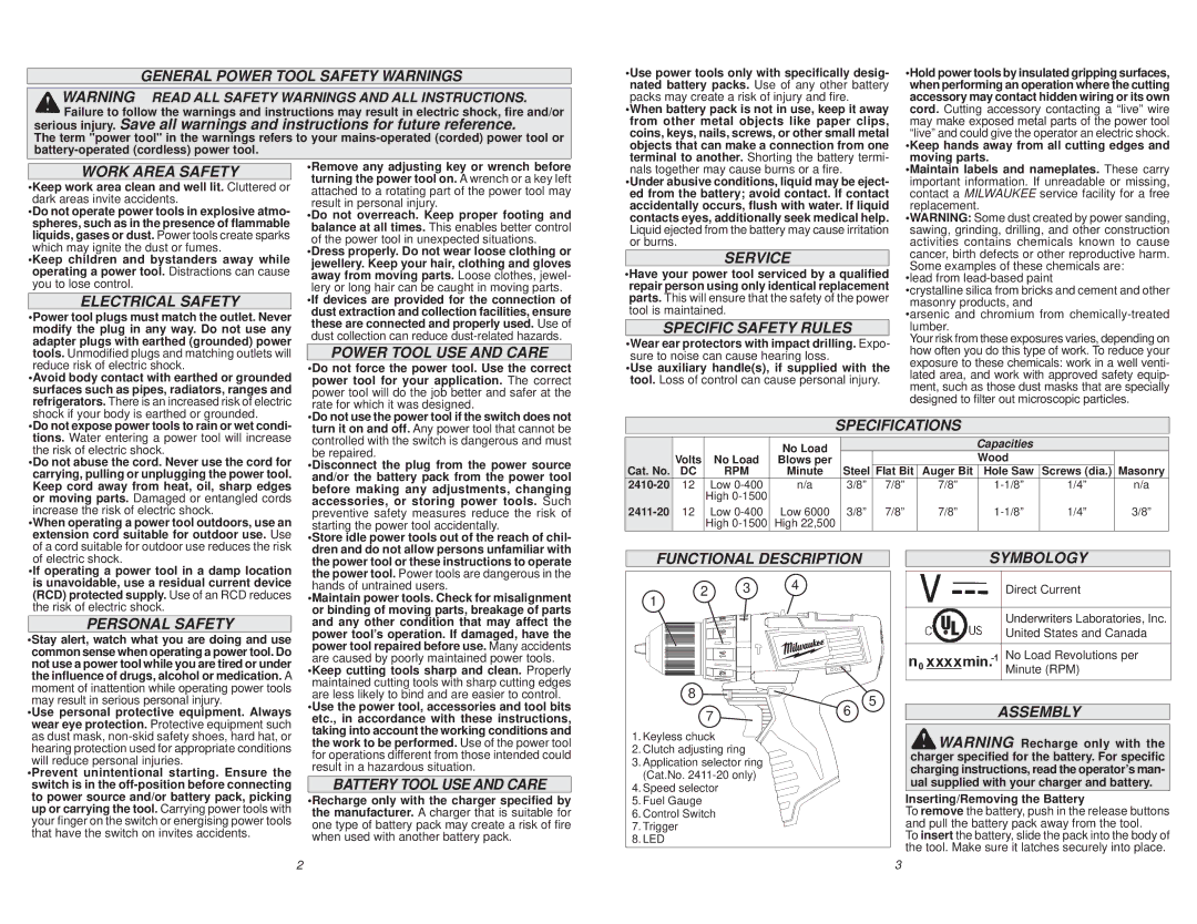 Milwaukee 2411-20 manual General Power Tool Safety Warnings, Work Area Safety, Electrical Safety, Power Tool USE and Care 