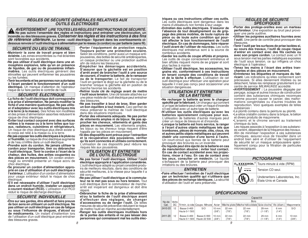 Milwaukee 2411-20 manual Règles DE Sécurité Spécifiques, Sécurité DU Lieu DE Travail, Sécurité Électrique, Entretien 