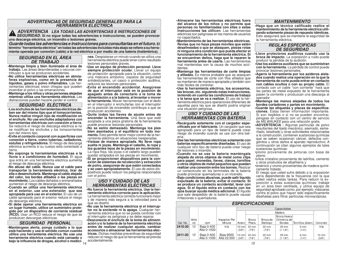 Milwaukee 2411-20 Mantenimiento, Reglas Especificas DE Seguridad, Seguridad EN EL Área DE Trabajo, Seguridad Eléctrica 